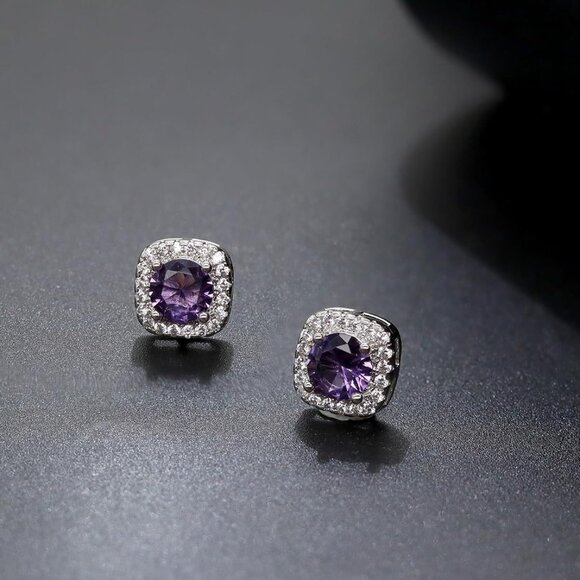 Women's Purple Square Simulated Dainty Diamond Halo Sparkling Stud Earring - Picture 1 of 9